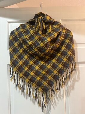 Plaid Fringe neck scarf - Mustard and Gray